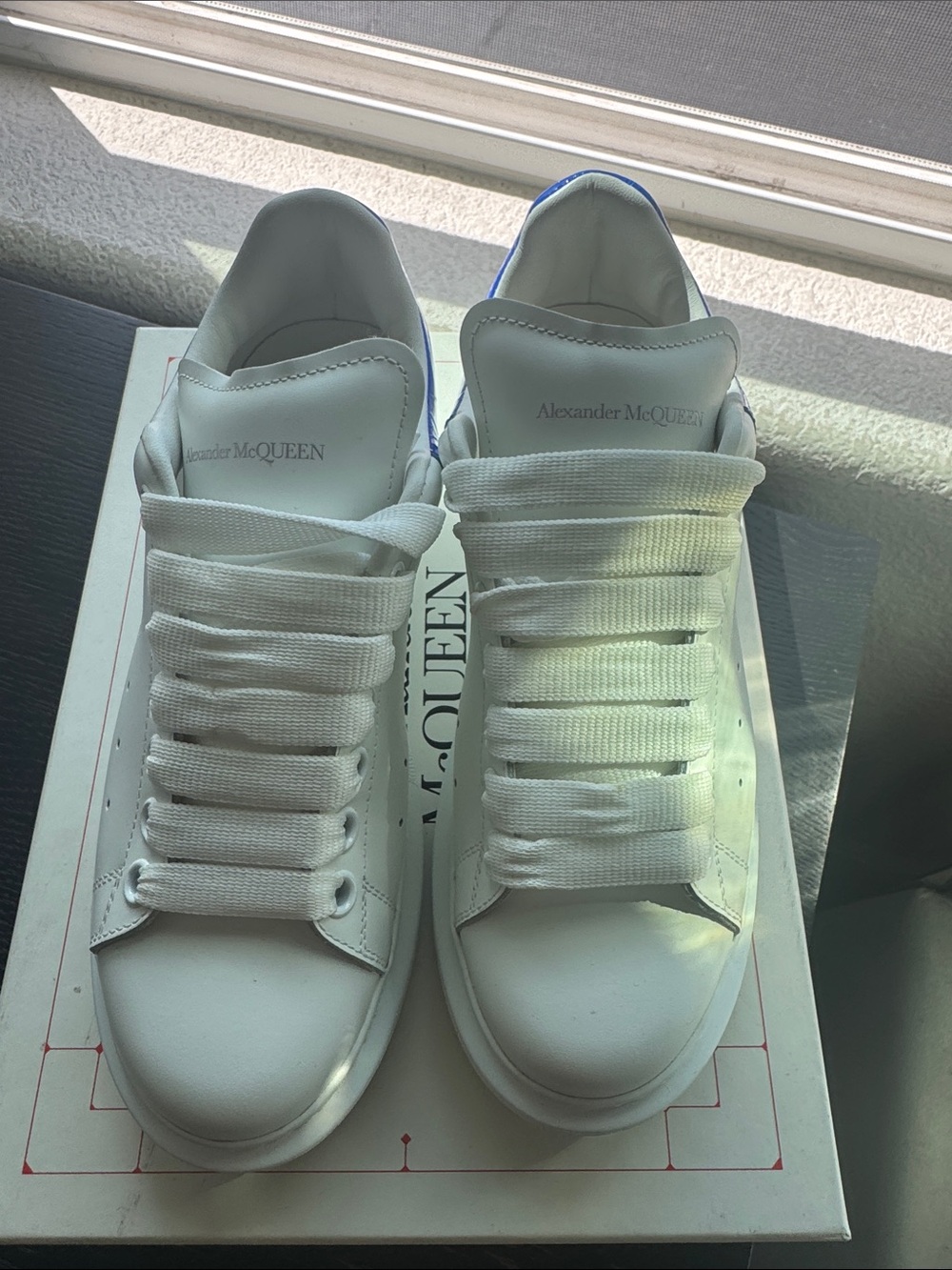 Alexander McQueen White Leather Oversized Lace Sneakers with Blue Heel Tab